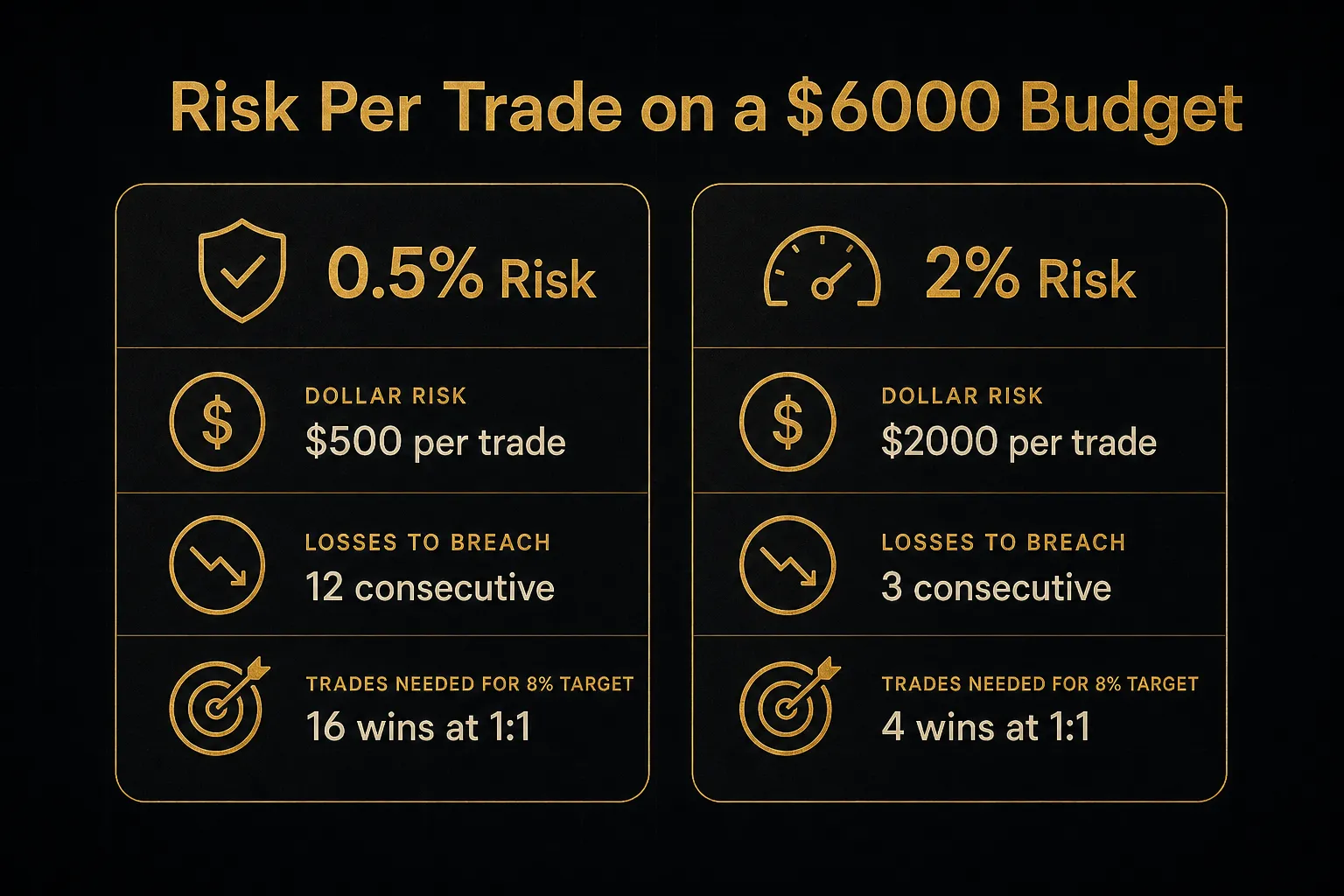 Comparison table, Risk Per Trade on a $6000 Budget. Dollar risk, 0.5% Risk: $500 per trade; 2% Risk: $2000 per trade…