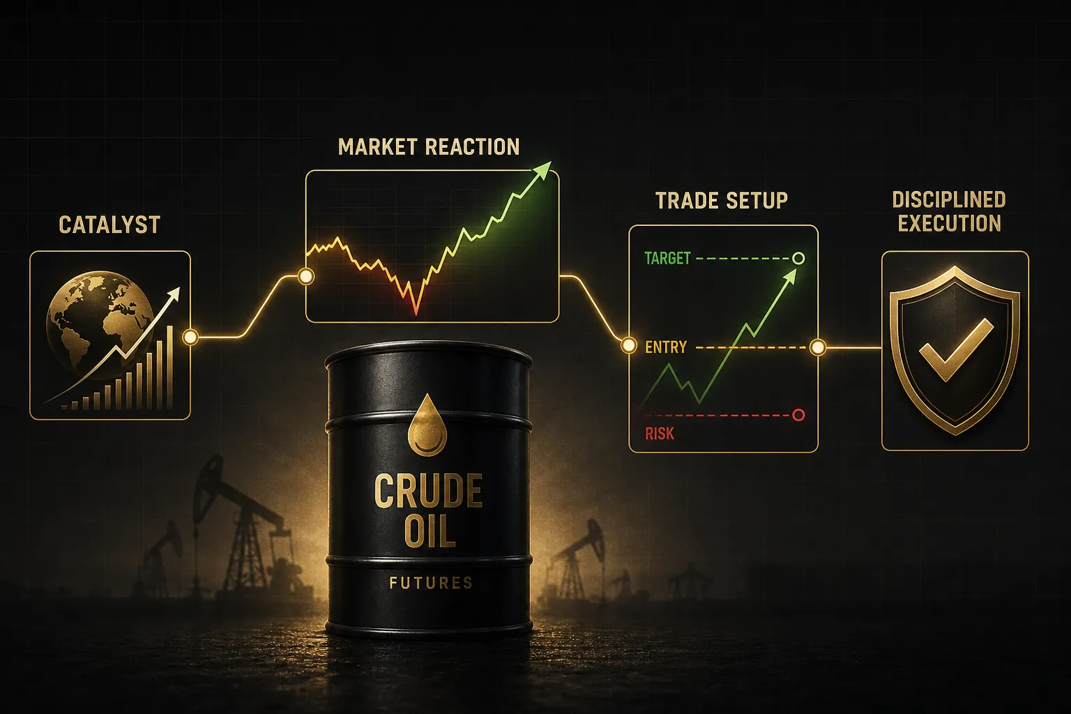 Crude oil futures contract price chart showing catalyst-driven trade setup with entry and support levels marked