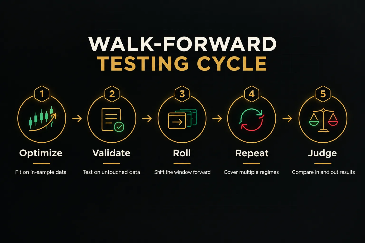 Step-by-step diagram, Walk-Forward Testing Cycle. 1. Optimize, Fit on in-sample data; 2. Validate, Test on untouched…