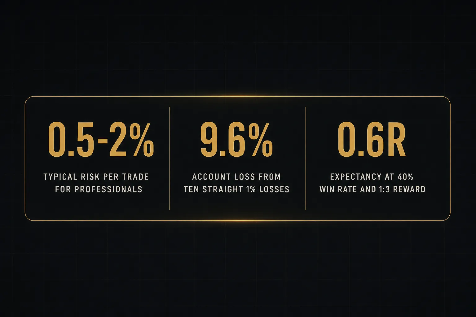 Statistics: 0.5-2% typical risk per trade for professionals, 9.6% account loss from ten straight 1% losses, 0.6R expectancy…