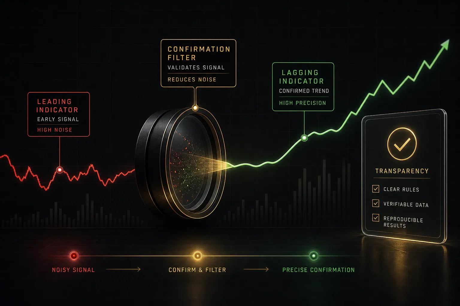 Chart comparing leading vs lagging indicators, highlighting signal precision, confirmation timing, and data transparency