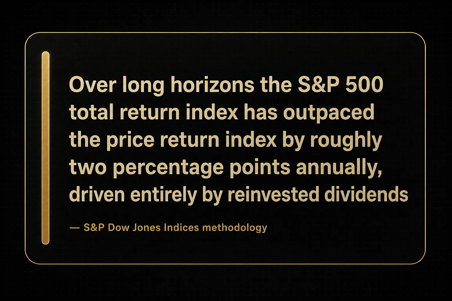 Key insight: Over long horizons the S&P 500 total return index has outpaced the price return index by roughly two…