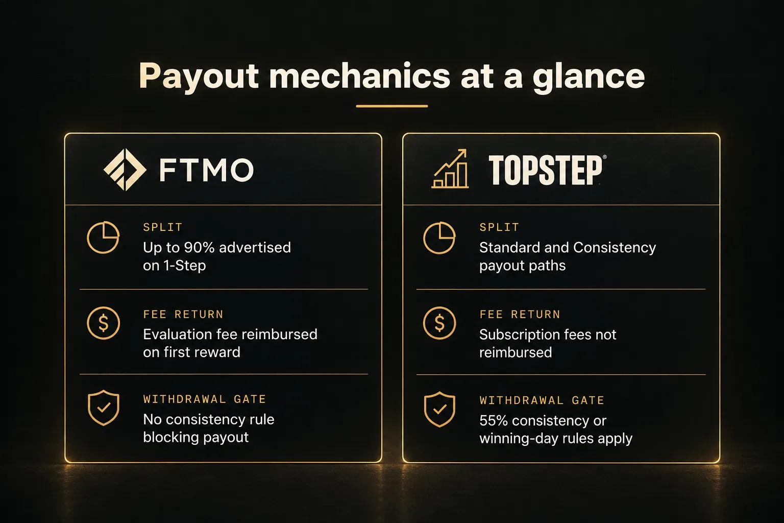 Comparison table, Payout mechanics at a glance. Split, FTMO: Up to 90% advertised on 1-Step; Topstep: Standard and…
