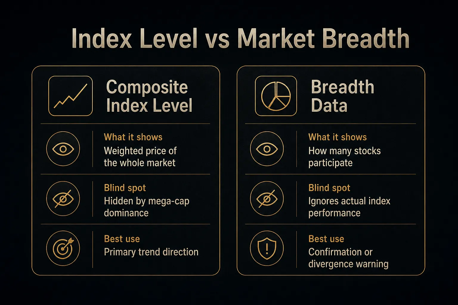 Comparison table, Index Level vs Market Breadth. What it shows, Composite Index Level: Weighted price of the whole market…
