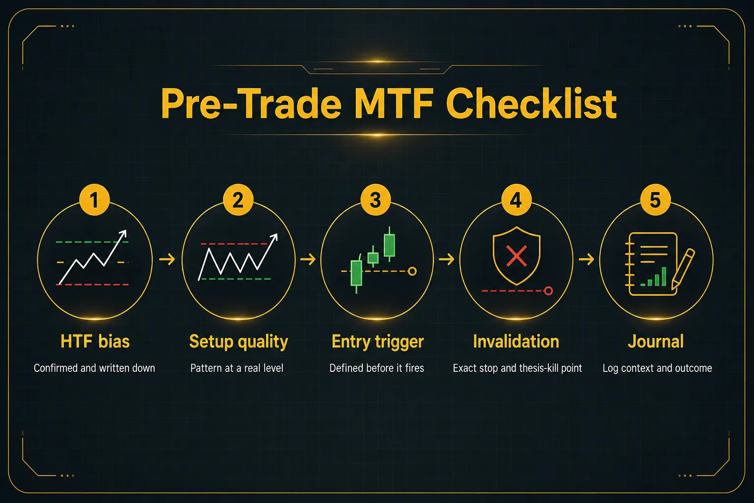 Step-by-step diagram, Pre-Trade MTF Checklist. 1. HTF bias, Confirmed and written down; 2. Setup quality, Pattern at a real level; 3. Entry trigger, Defined before it fires; 4. Invalidation, Exact stop and thesis-kill point; 5. Journal, Log context and outcome
