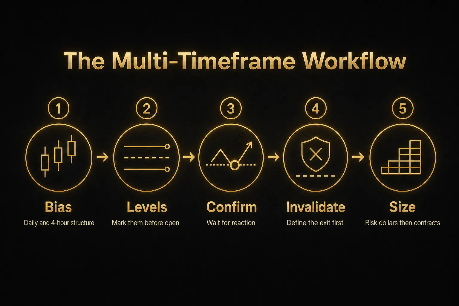 Step-by-step diagram, The Multi-Timeframe Workflow. 1. Bias, Daily and 4-hour structure; 2. Levels, Mark them before…