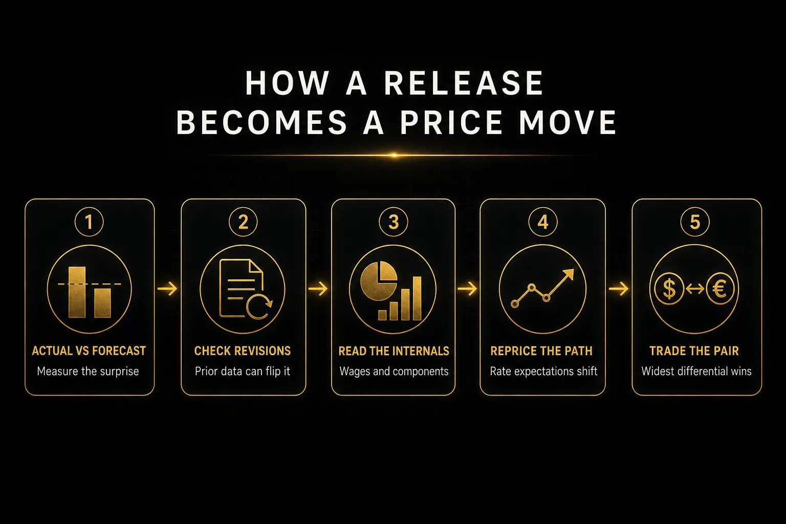 Step-by-step diagram, How a Release Becomes a Price Move. 1. Actual vs forecast, Measure the surprise; 2. Check revisions…