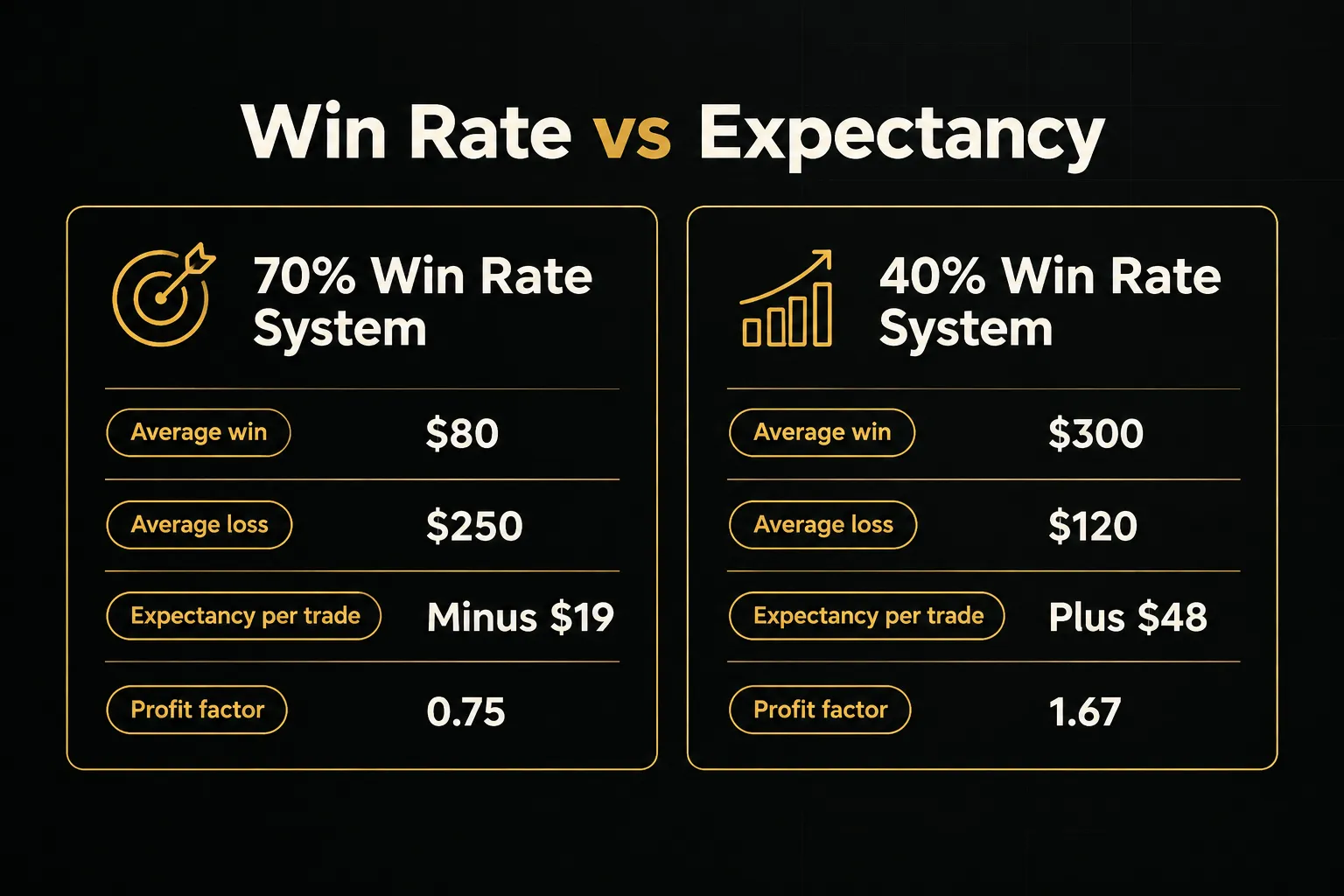 Comparison table, Win Rate vs Expectancy. Average win, 70% Win Rate System: $80; 40% Win Rate System: $300. Average loss…