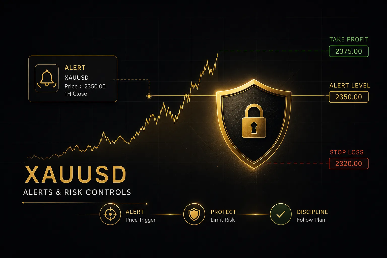 TradingView XAUUSD chart showing price alerts and risk control settings for gold trading