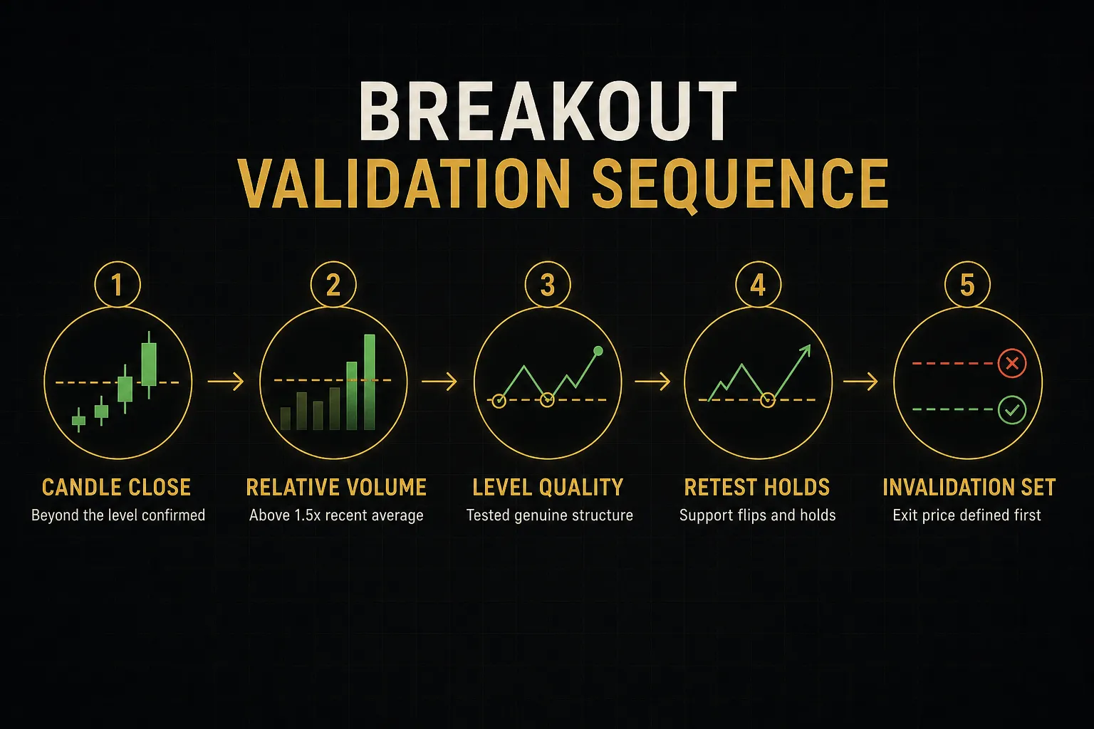 Step-by-step diagram, Breakout Validation Sequence. 1. Candle close, Beyond the level confirmed; 2. Relative volume…