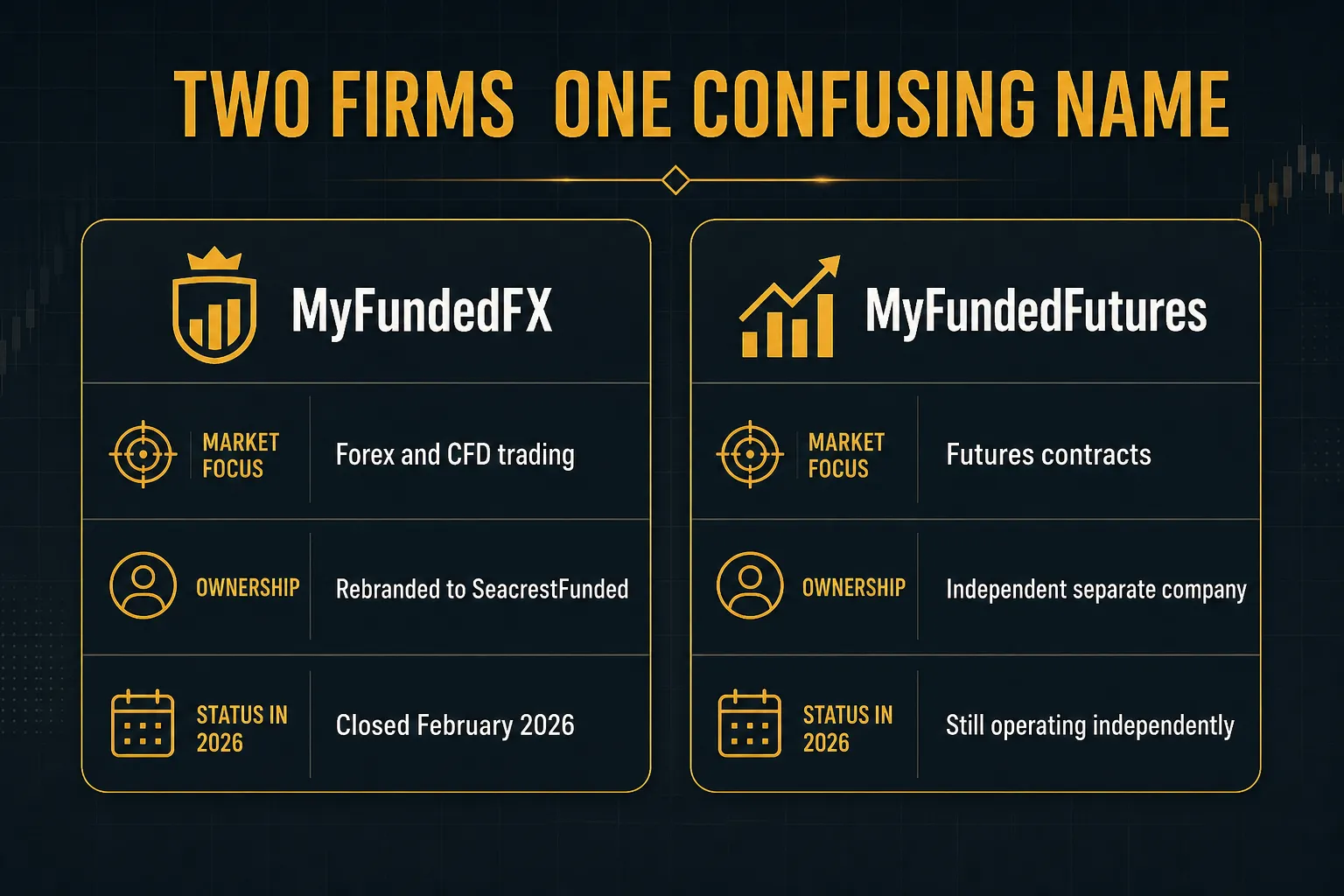 Comparison table, Two Firms One Confusing Name. Market focus, MyFundedFX: Forex and CFD trading; MyFundedFutures: Futures contracts. Ownership, MyFundedFX: Rebranded to SeacrestFunded; MyFundedFutures: Independent separate company. Status in 2026, MyFundedFX: Closed February 2026; MyFundedFutures: Still operating independently