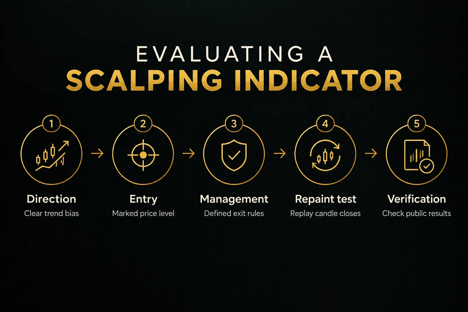 Step-by-step diagram, Evaluating a Scalping Indicator. 1. Direction, Clear trend bias; 2. Entry, Marked price level; 3…