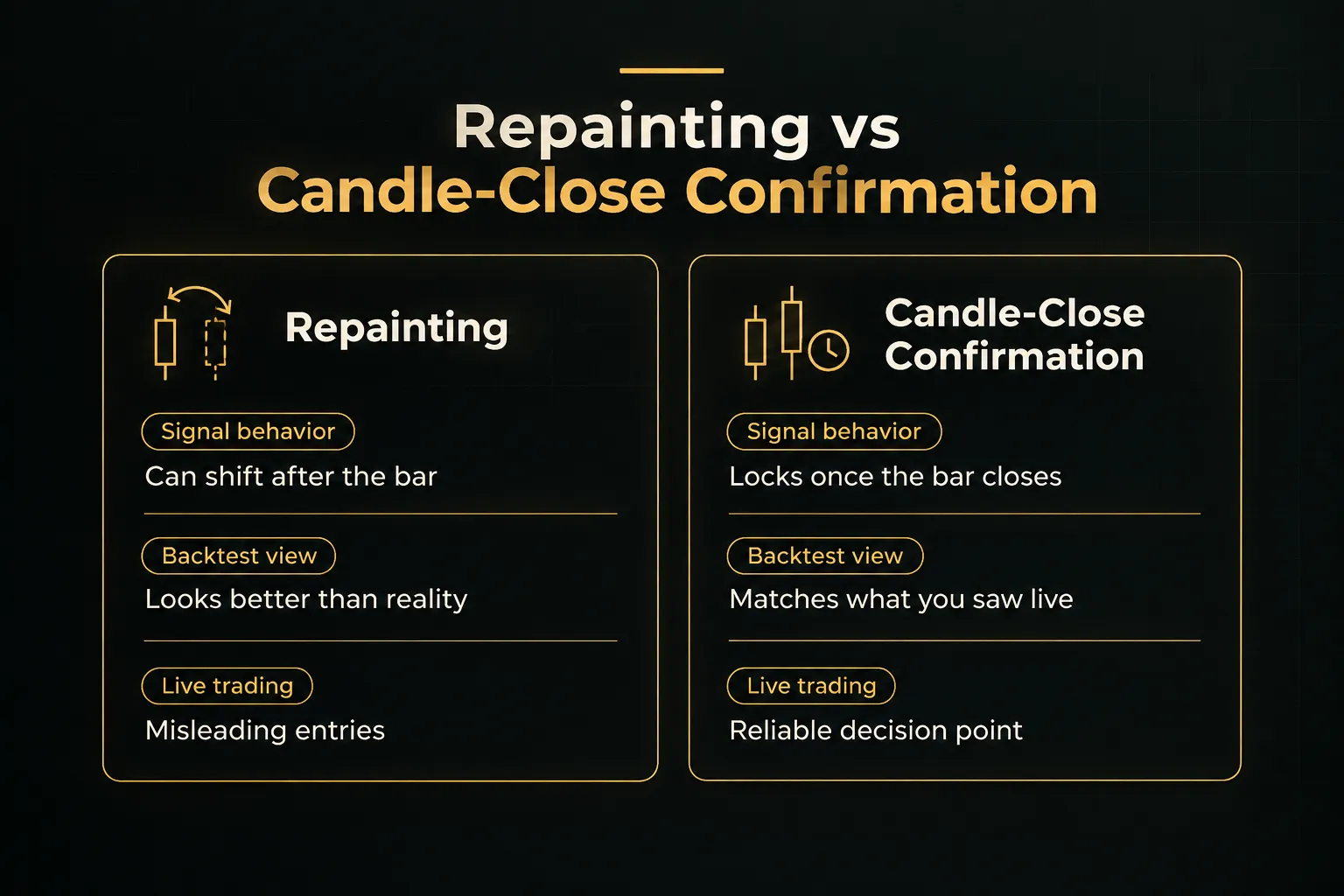Comparison table, Repainting vs Candle-Close Confirmation. Signal behavior, Repainting: Can shift after the bar…