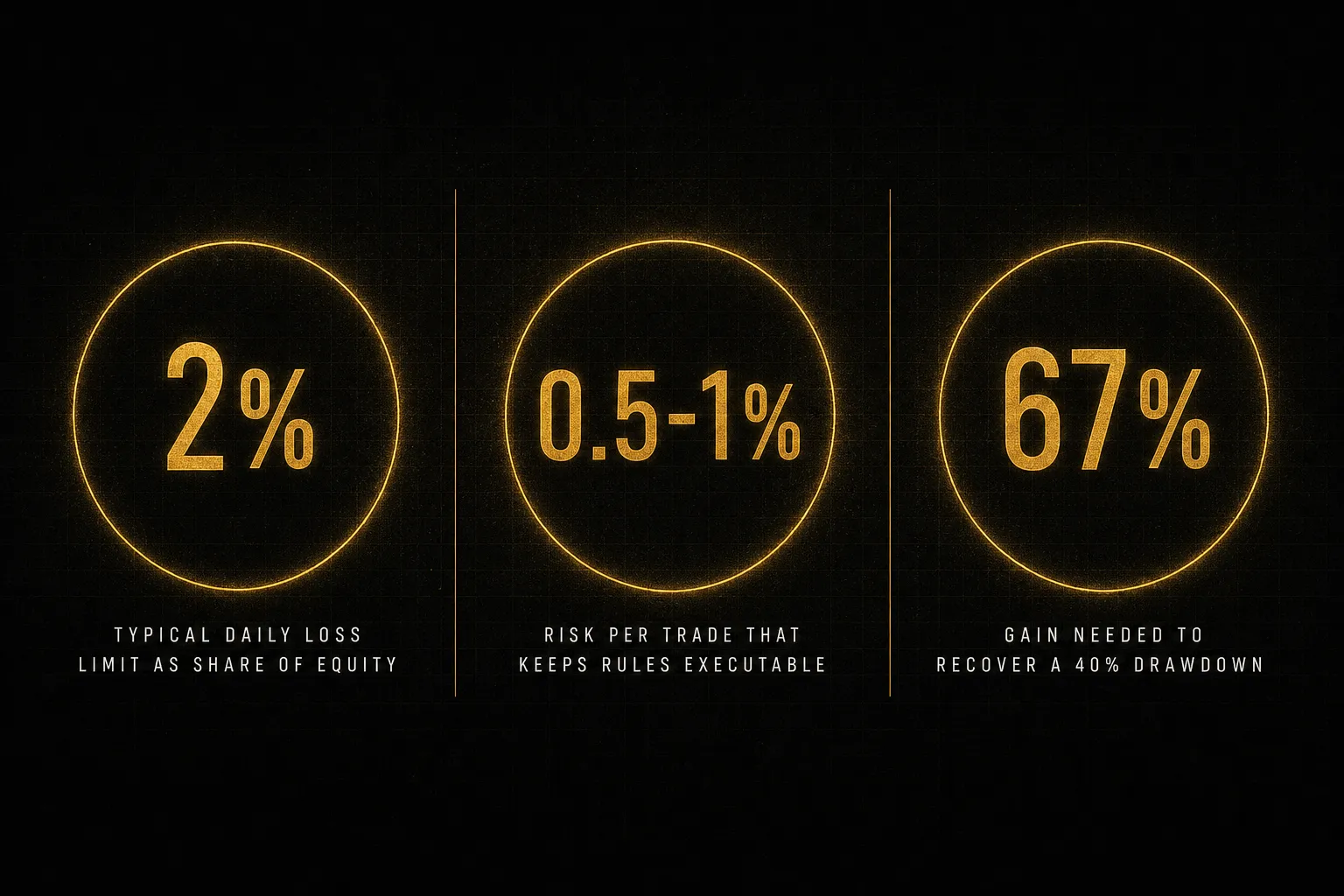 Statistics: 2% typical daily loss limit as share of equity, 0.5-1% risk per trade that keeps rules executable, 67% gain…