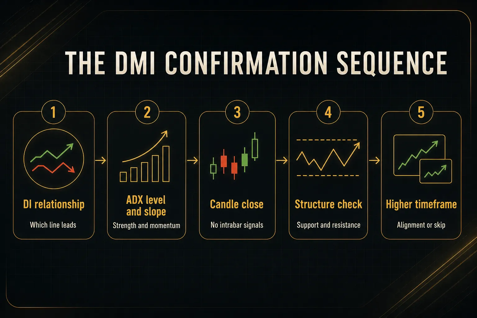 Step-by-step diagram, The DMI Confirmation Sequence. 1. DI relationship, Which line leads; 2. ADX level and slope, Strength and momentum; 3. Candle close, No intrabar signals; 4. Structure check, Support and resistance; 5. Higher timeframe, Alignment or skip