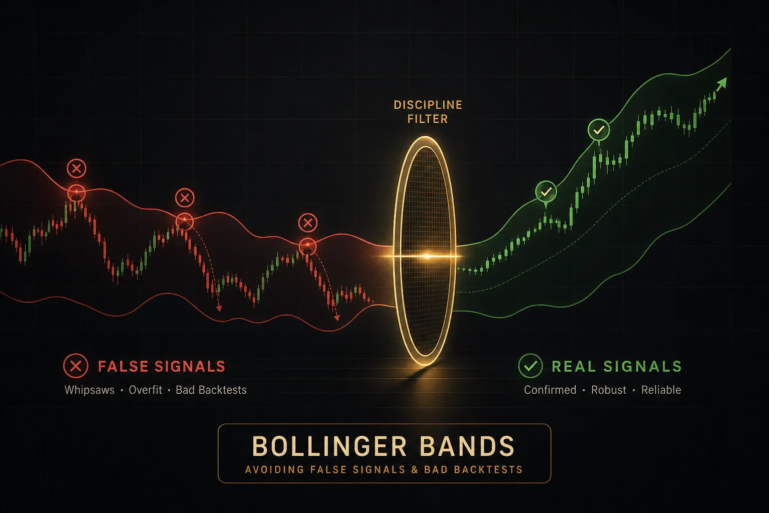 Bollinger Bands chart highlighting false breakout signals to improve backtesting accuracy