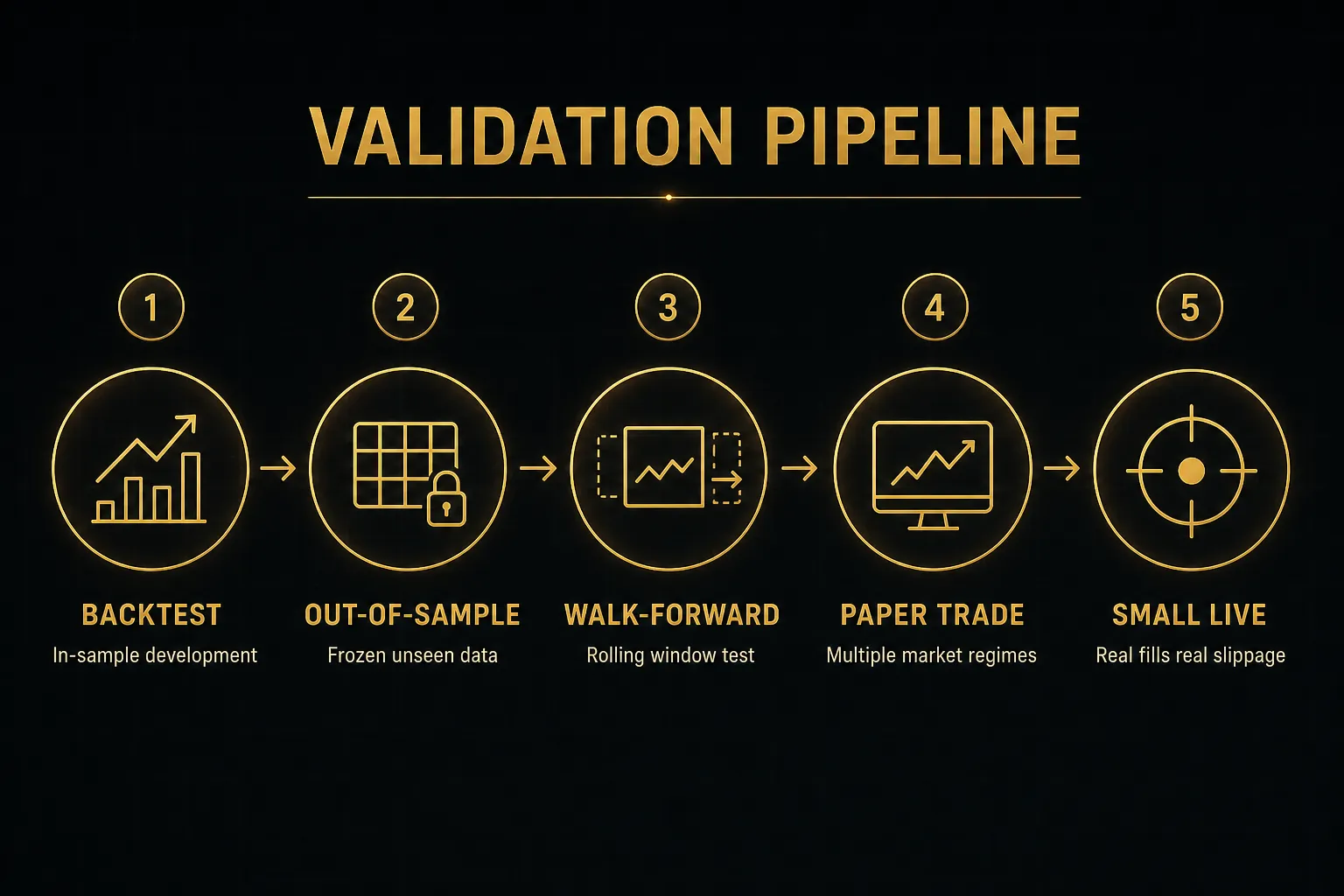 Step-by-step diagram, Validation Pipeline. 1. Backtest, In-sample development; 2. Out-of-sample, Frozen unseen data; 3…