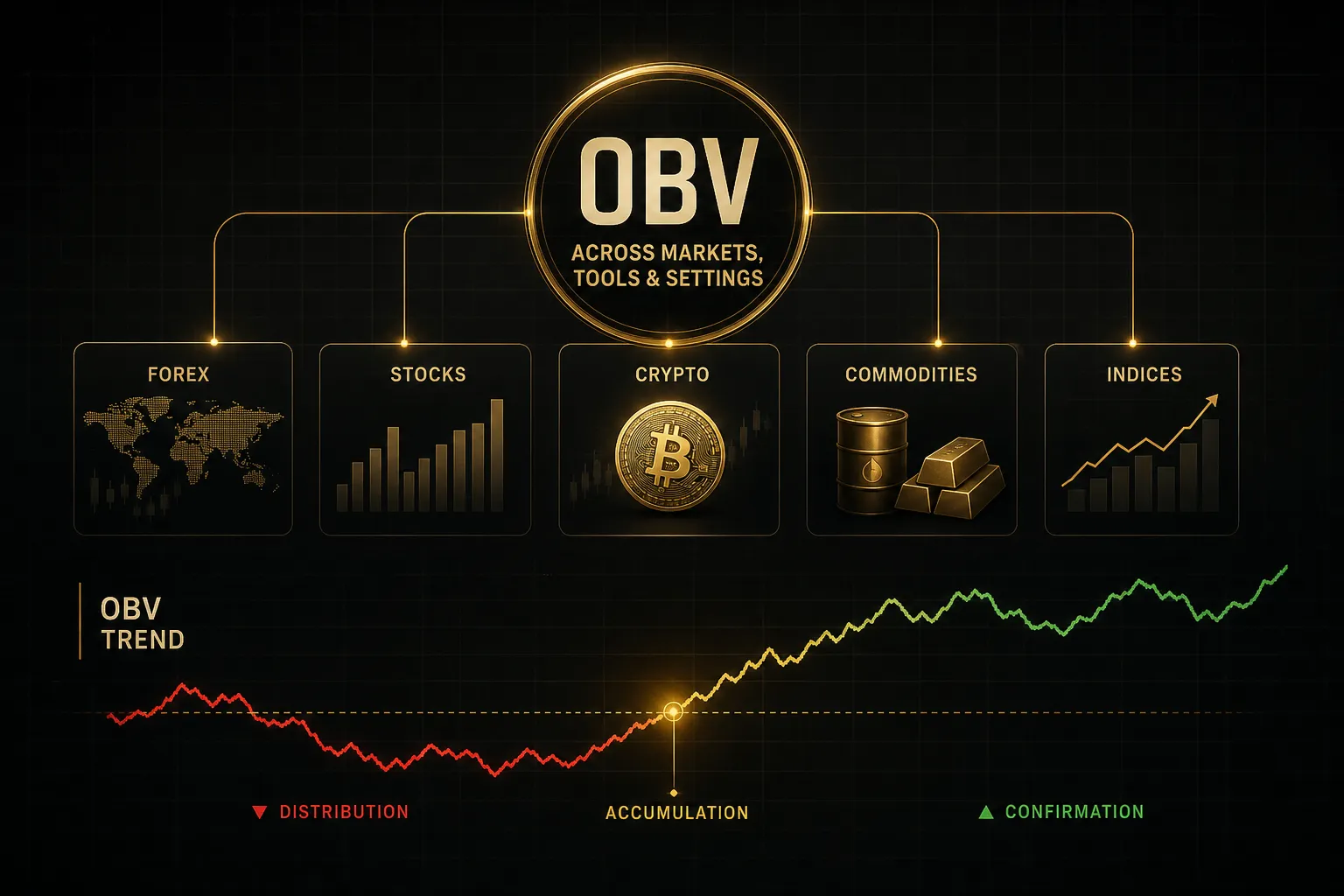 OBV indicator chart comparing volume trends across stocks, forex, and crypto markets with customizable settings