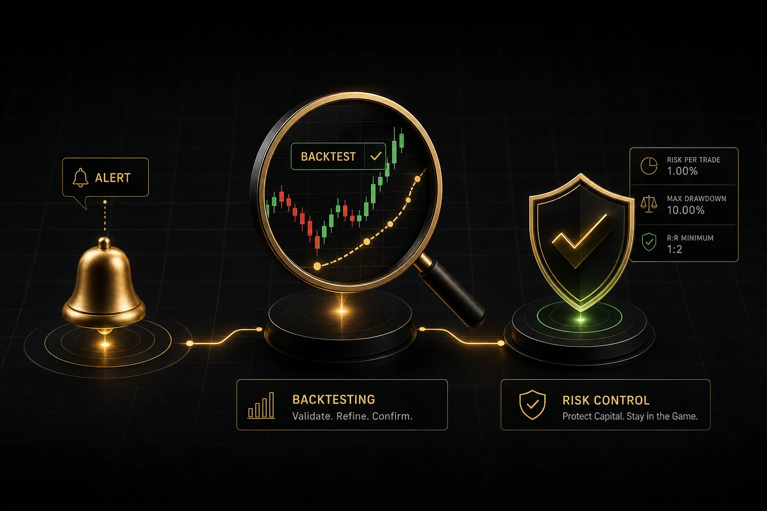 TradingView Nifty chart showing alert setup, backtesting results, and risk control indicators for trade management
