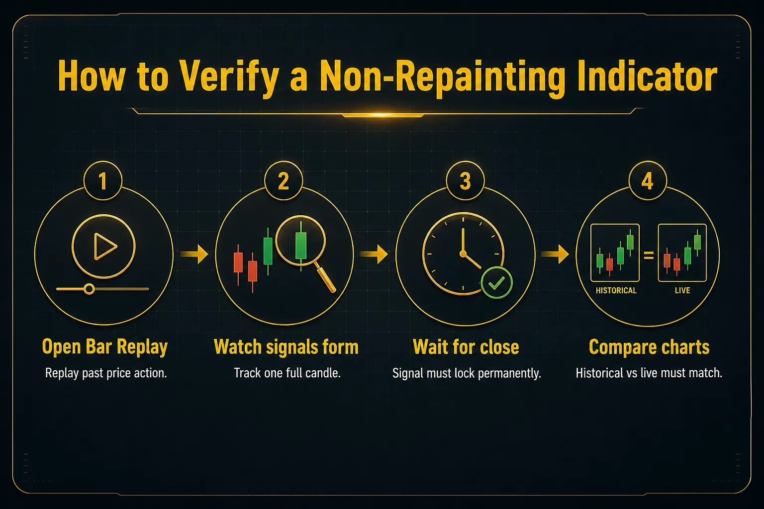 Step-by-step diagram, How to Verify a Non-Repainting Indicator. 1. Open Bar Replay, Replay past price action; 2. Watch signals form, Track one full candle; 3. Wait for close, Signal must lock permanently; 4. Compare charts, Historical vs live must match