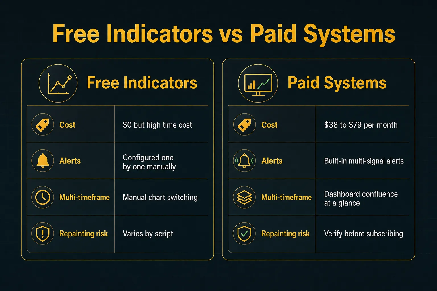 Comparison table, Free Indicators vs Paid Systems. Cost, Free Indicators: $0 but high time cost; Paid Systems: $38 to $79 per month. Alerts, Free Indicators: Configured one by one manually; Paid Systems: Built-in multi-signal alerts. Multi-timeframe, Free Indicators: Manual chart switching; Paid Systems: Dashboard confluence at a glance. Repainting risk, Free Indicators: Varies by script; Paid Systems: Verify before subscribing