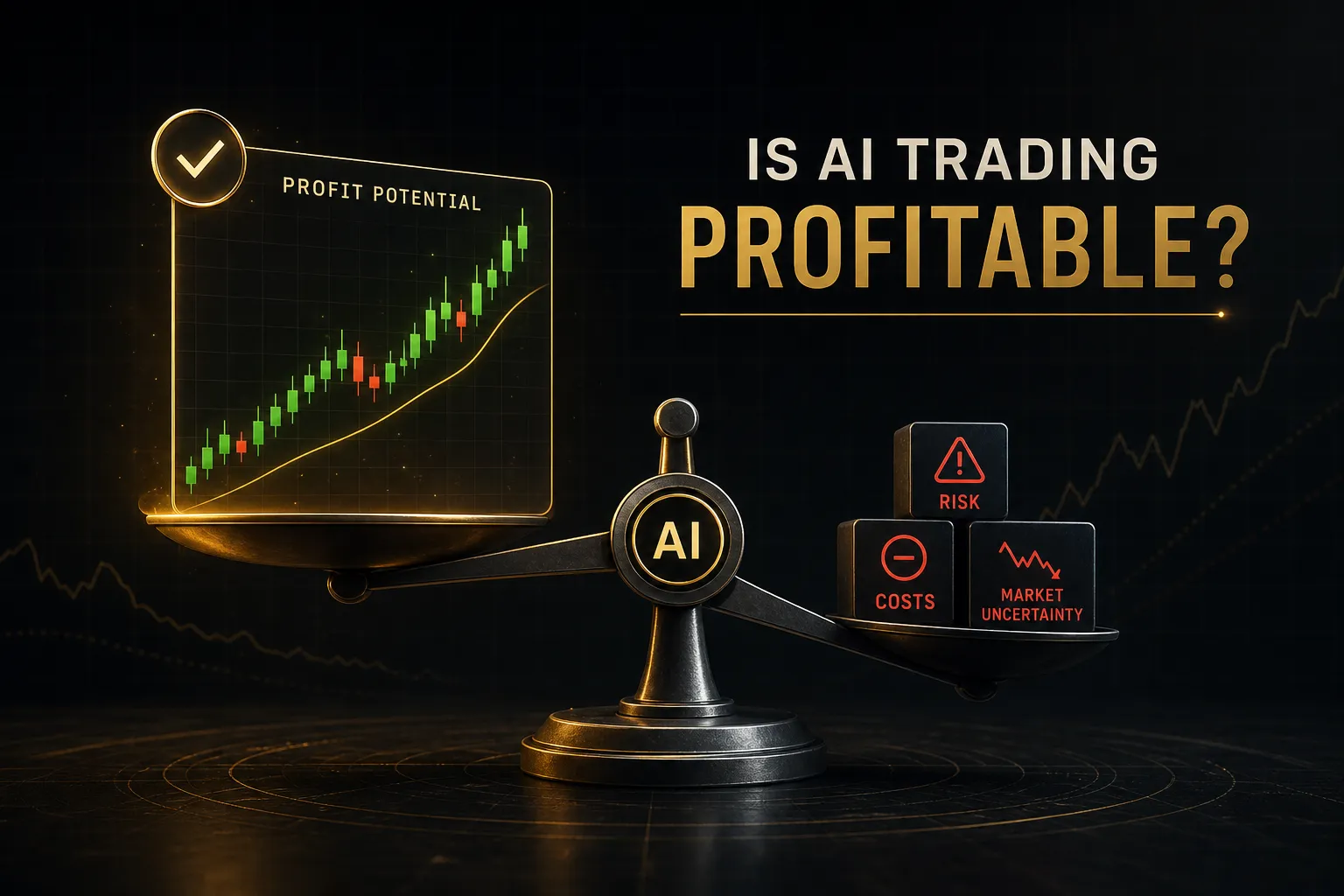 Trader analyzing AI trading charts and profit metrics on a laptop to assess if AI trading is profitable