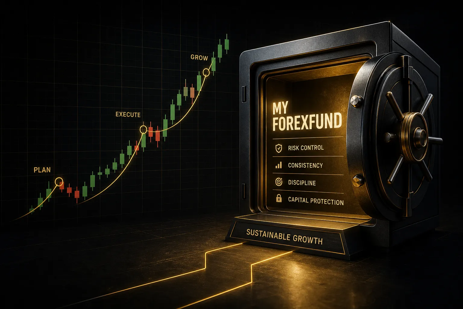 Trader analyzing charts on a laptop while managing a MyForexFund funded trading account