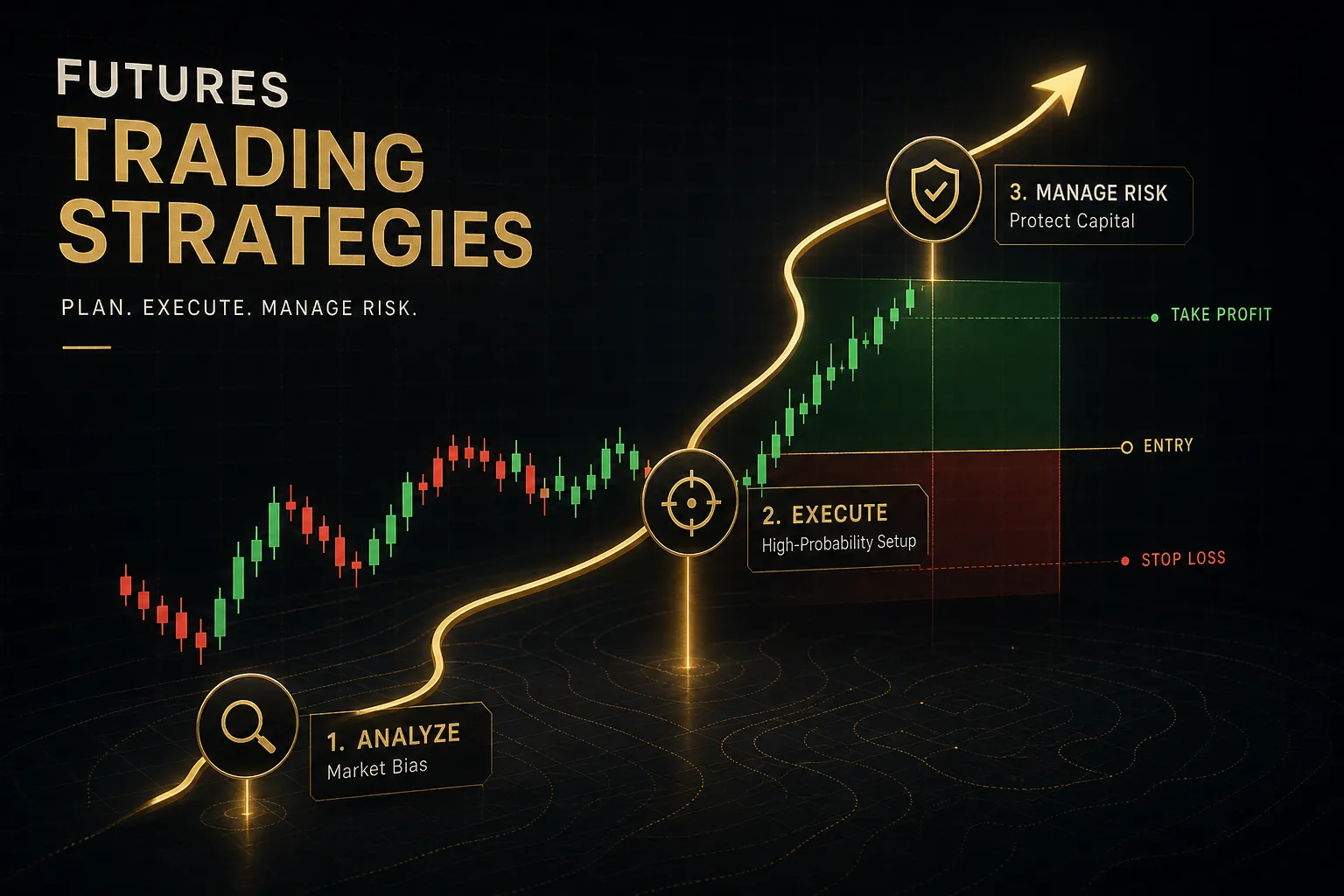 Trader analyzing charts and graphs to develop effective futures trading strategies on a multi-screen setup