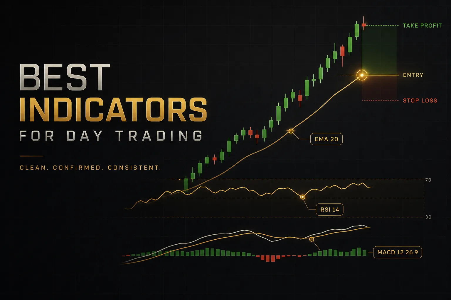 Trading screen displaying candlestick charts with the best indicators for day trading, including RSI, MACD, and moving averag
