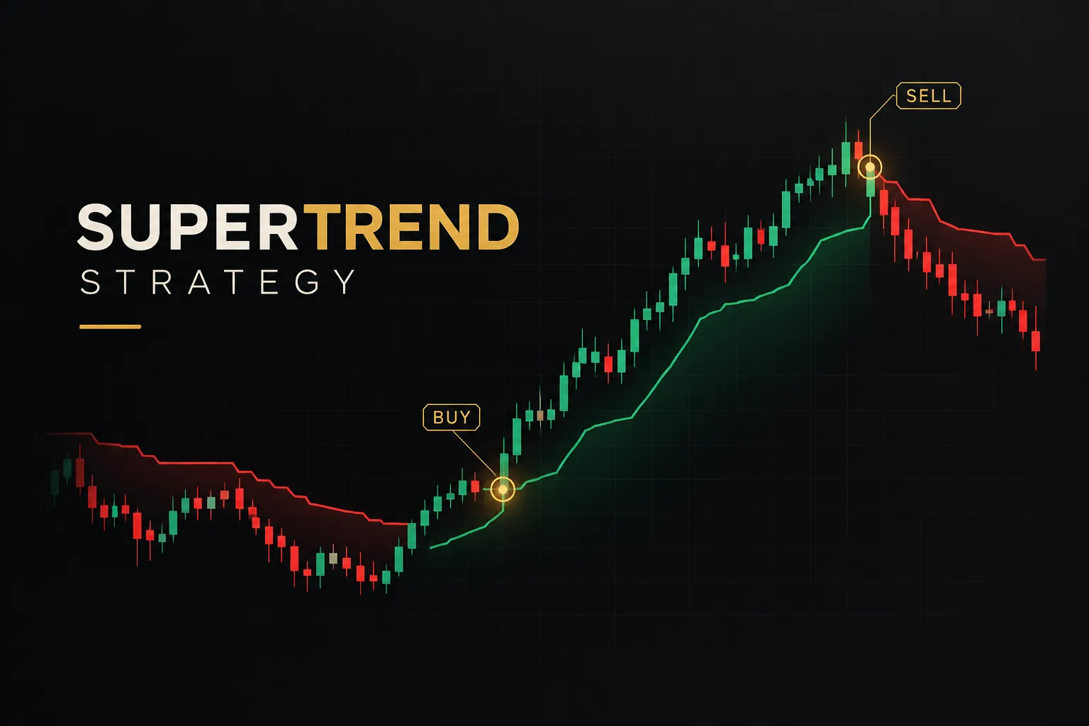 Supertrend strategy chart showing trend-following buy and sell signals on a candlestick price graph