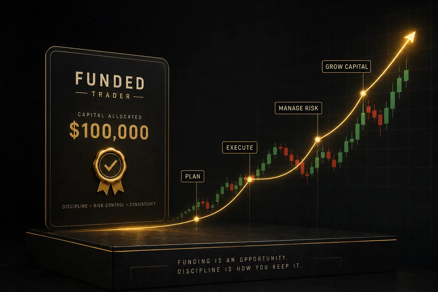 My Funded FX trader analyzing charts on multiple monitors while managing a funded trading account