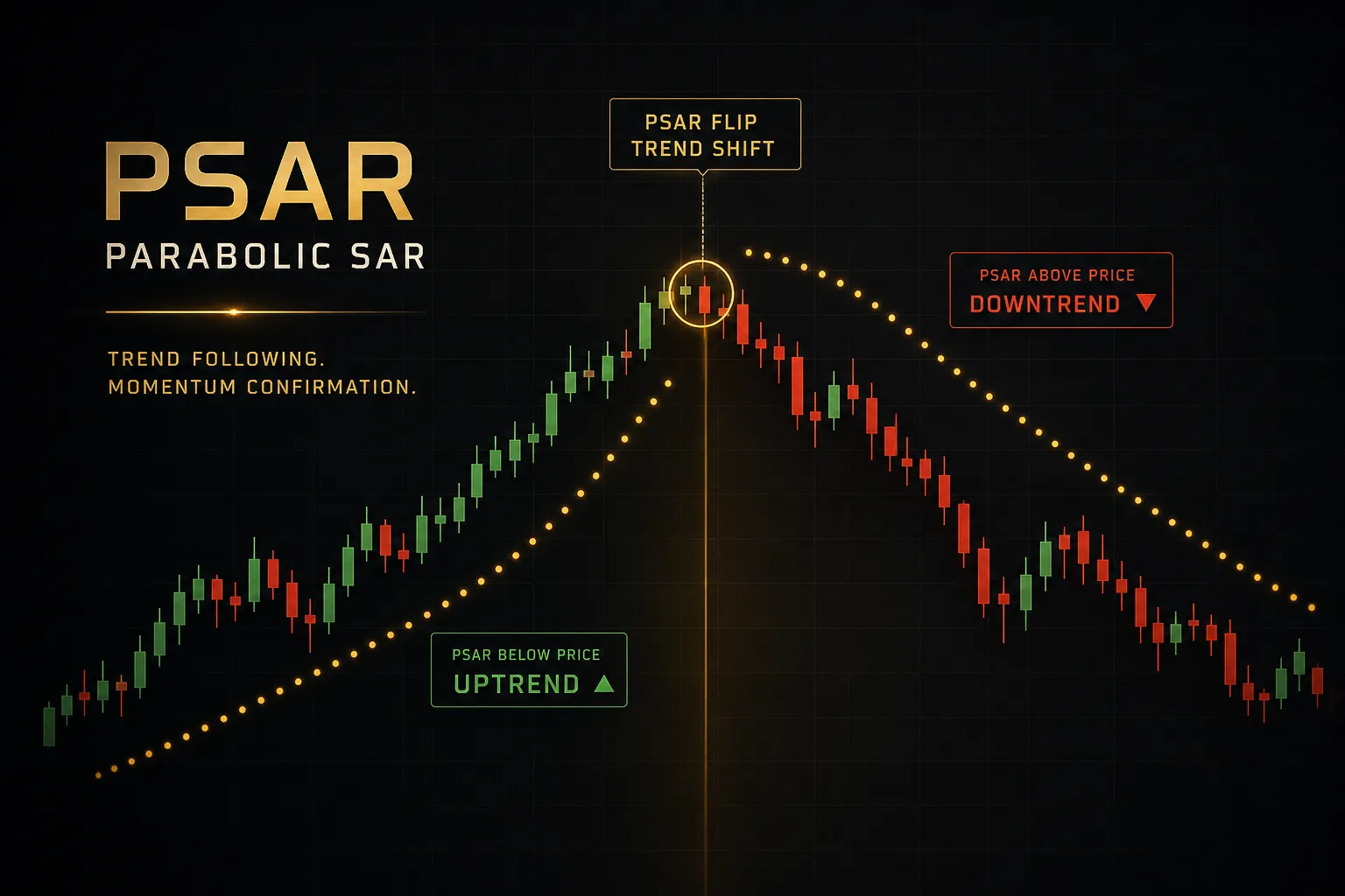 Parabolic SAR indicator dots plotted above and below price candles on a trading chart