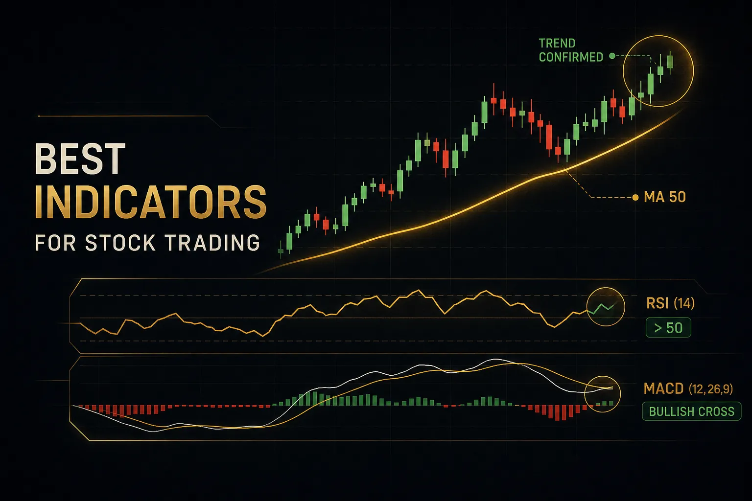 Stock chart with moving averages, RSI, and MACD highlighting the best indicators for stock trading