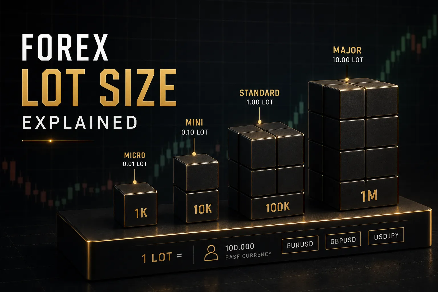 Forex lot size explained: chart comparing standard, mini, micro, and nano lot units for trade position sizing