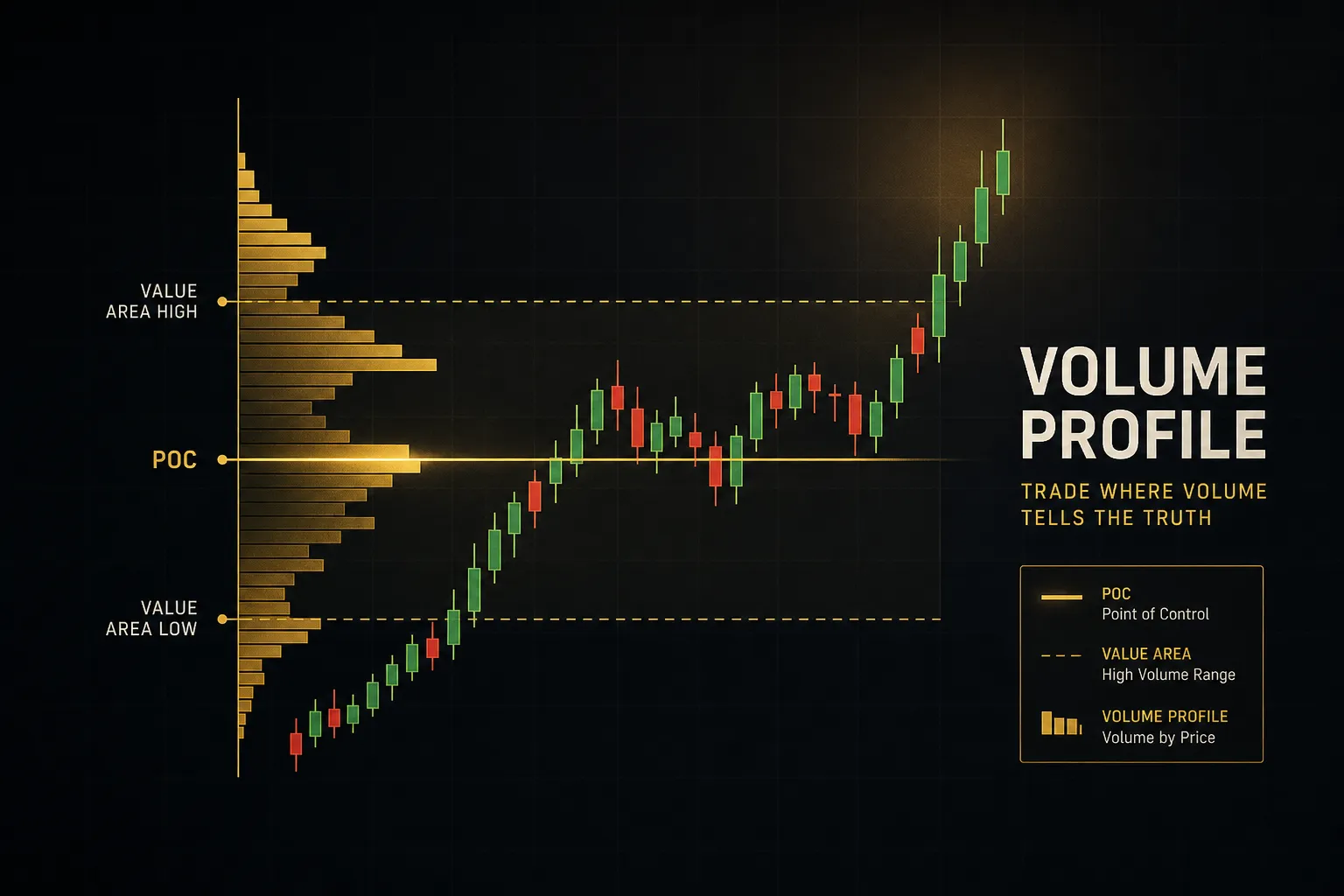 Volume profile indicator displaying price levels with horizontal bars showing trading volume concentration on a candlestick c