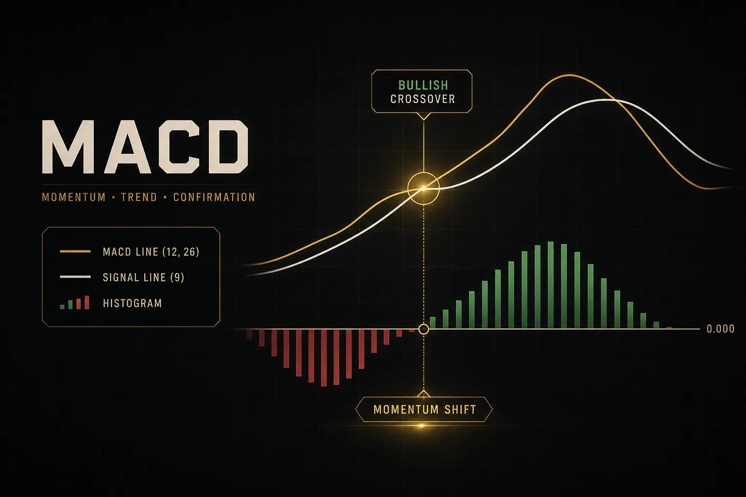 MACD indicator chart showing signal line crossovers and histogram for trend momentum analysis
