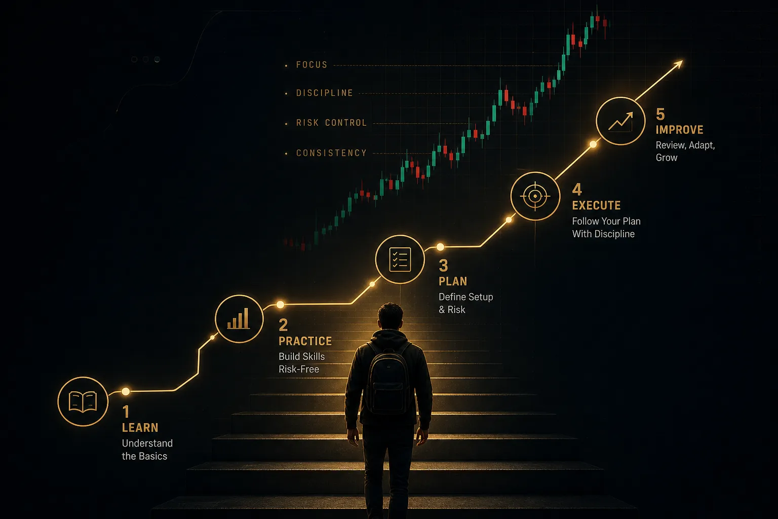 Beginner in trading learning stock charts and candlestick patterns on a laptop screen