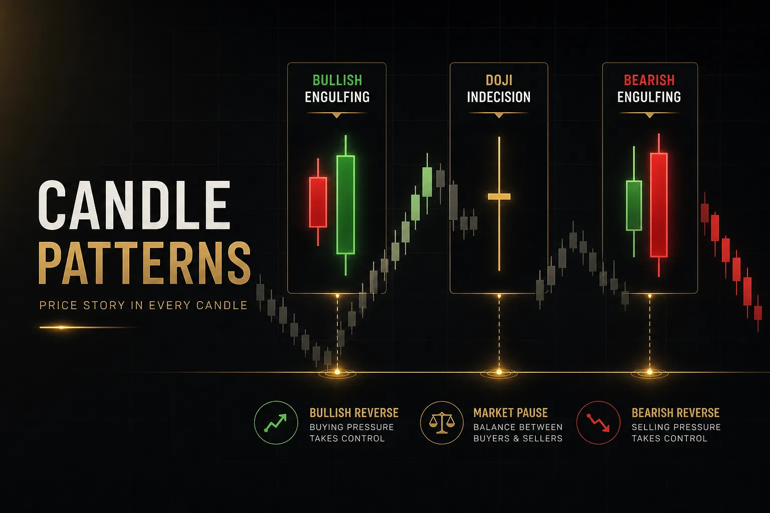 Candlestick chart showing common candle patterns used to analyze price trends and market reversals