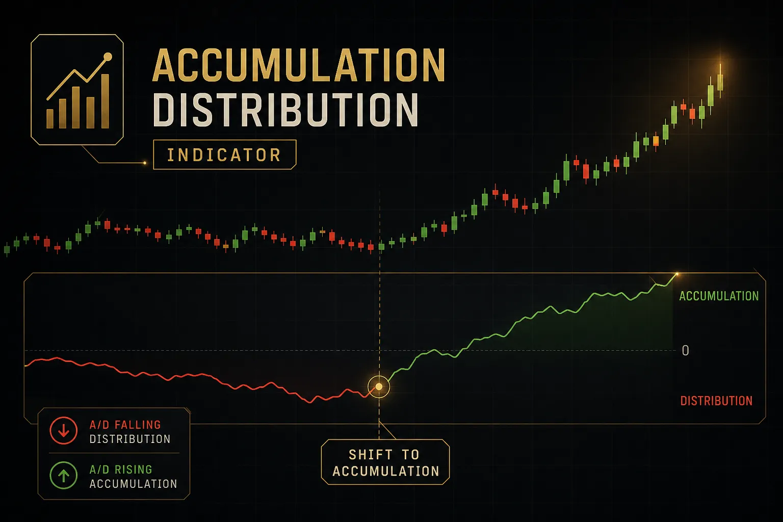 Accumulation distribution indicator chart showing volume flow trends alongside price movement on a trading screen