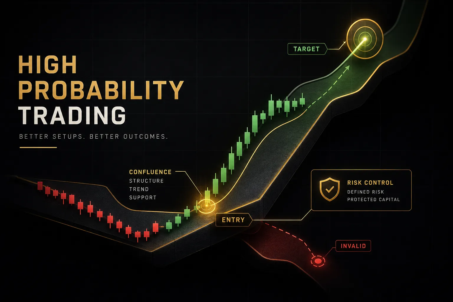 Trader analyzing chart patterns and indicators to identify high probability trading setups on a computer screen