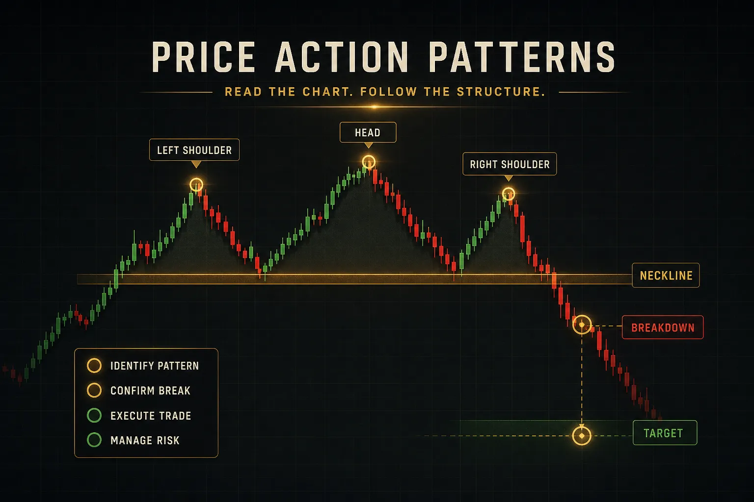 Candlestick chart highlighting common price action patterns for trend reversal and continuation trading signals
