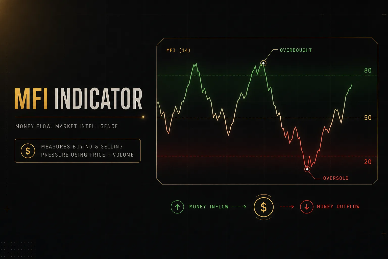 MFI indicator chart showing money flow index oscillator with overbought and oversold levels on price trend