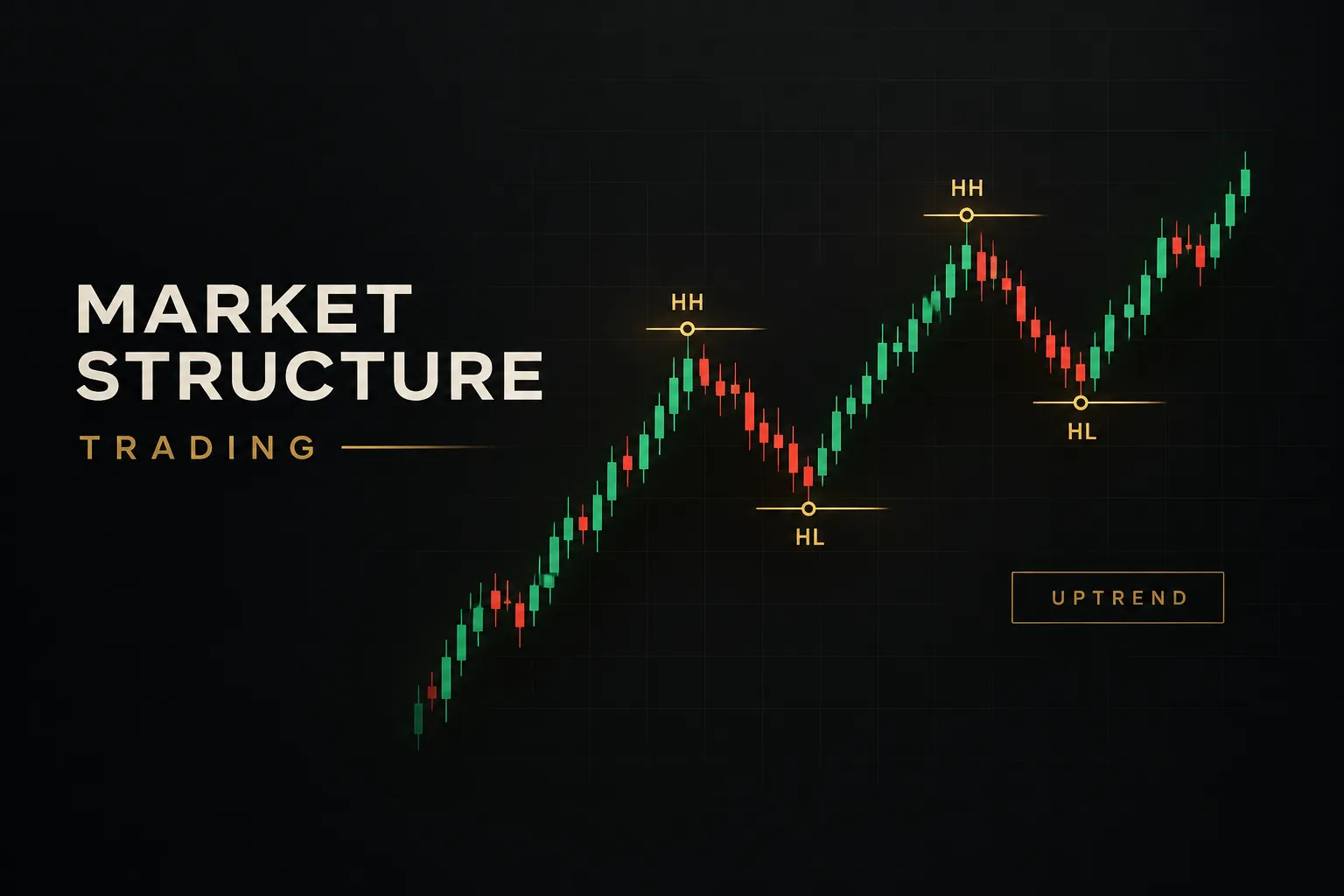 Trader analyzing market structure trading chart with highs, lows, and trend break points on screen