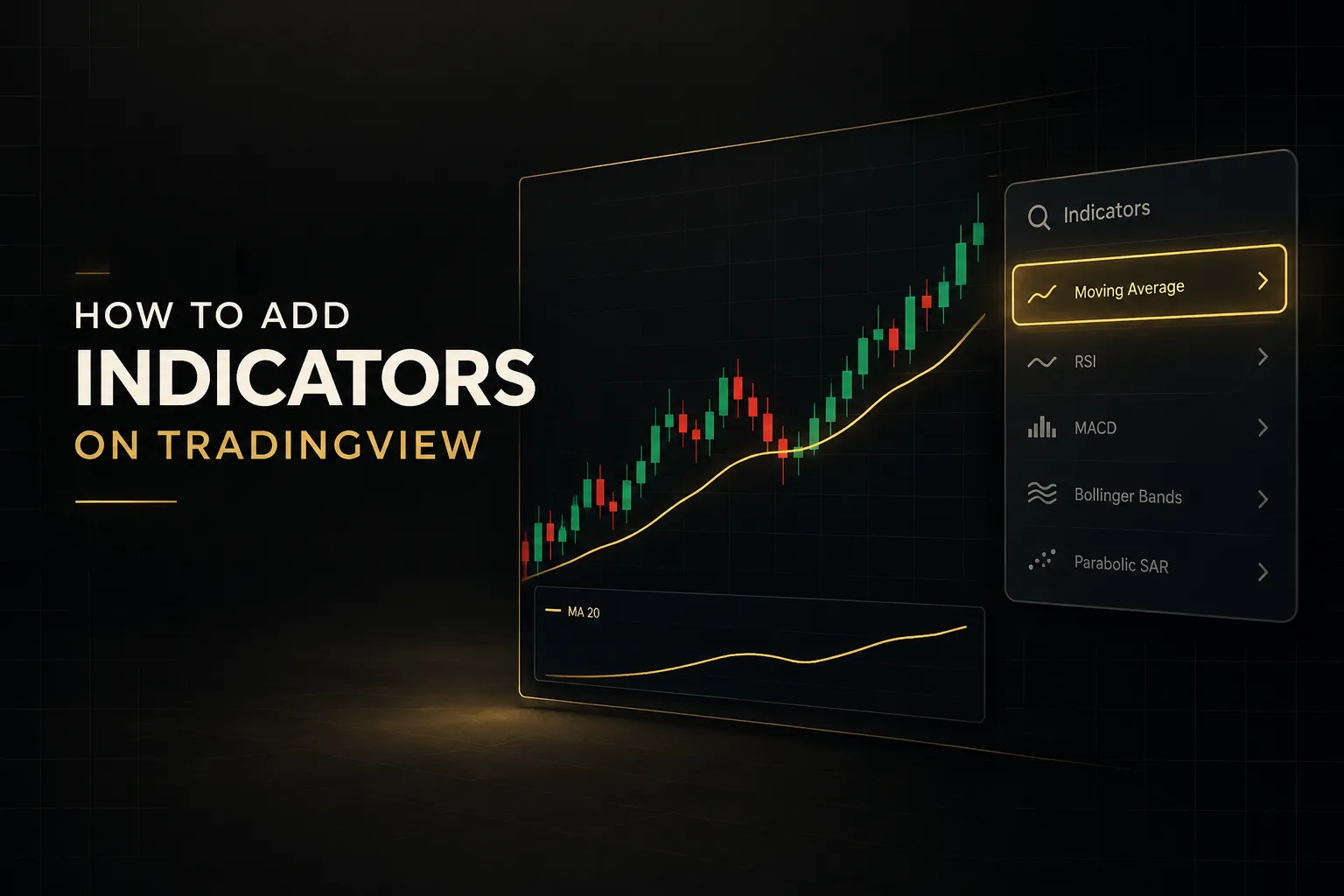 Adding indicators on TradingView chart using the indicators menu and search bar for technical analysis tools