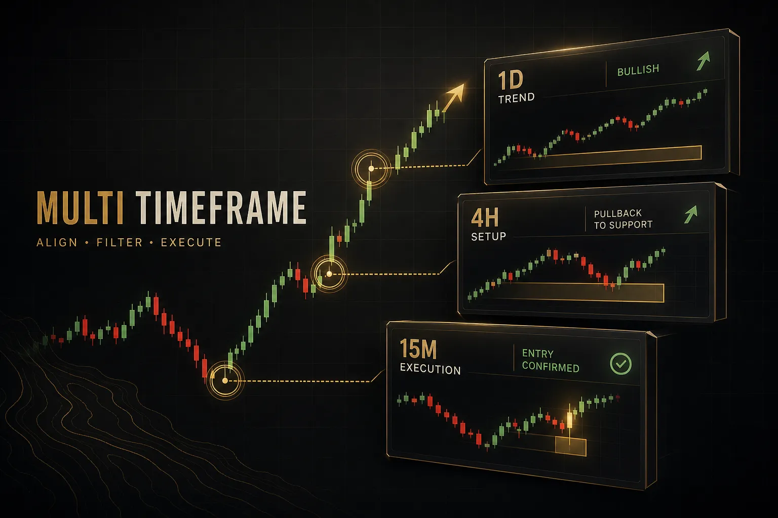 Multi timeframe chart analysis showing price trends across different intervals for trading decisions
