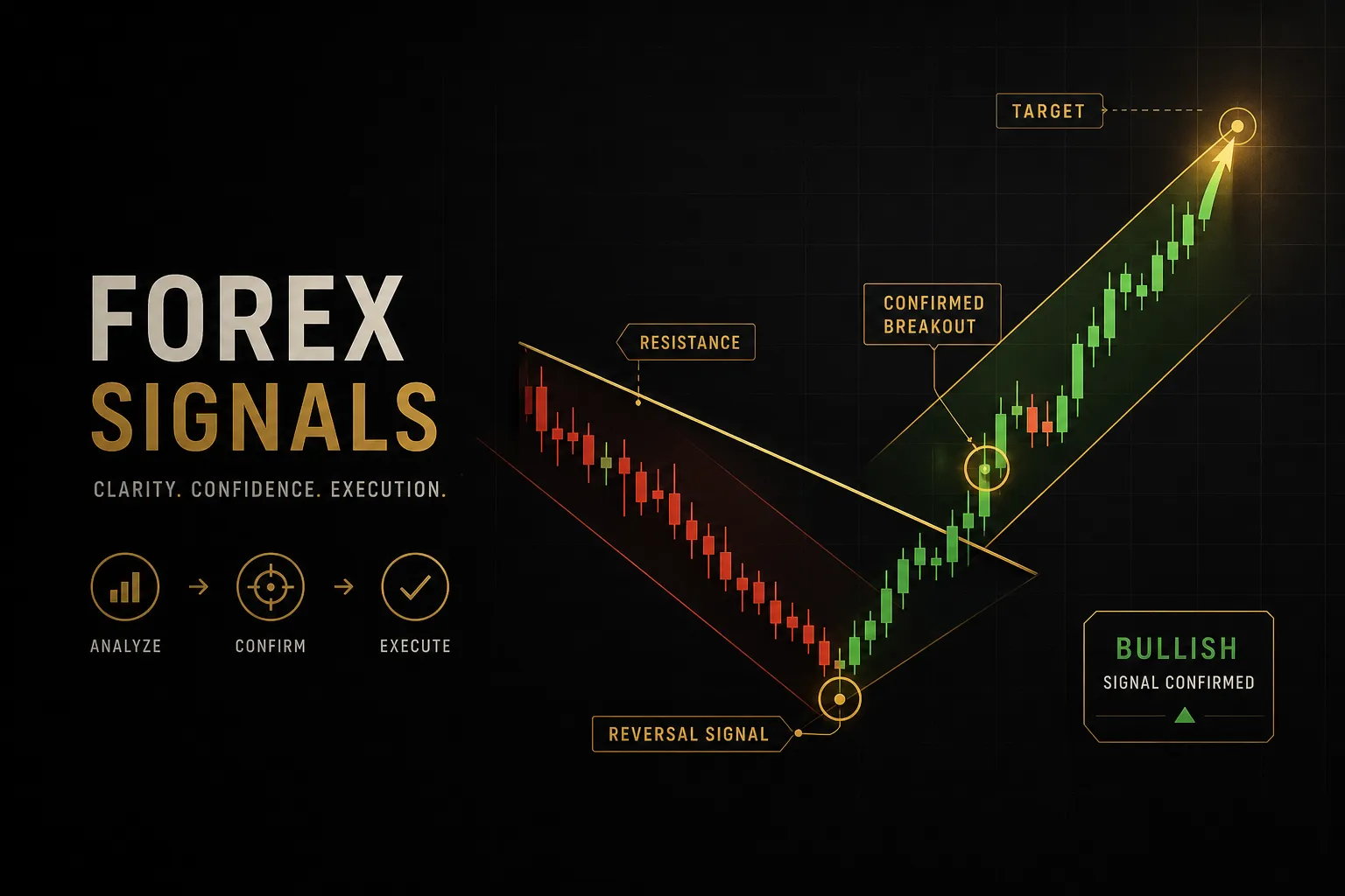Trader analyzing forex signals on a multi-screen setup with charts and buy/sell indicators