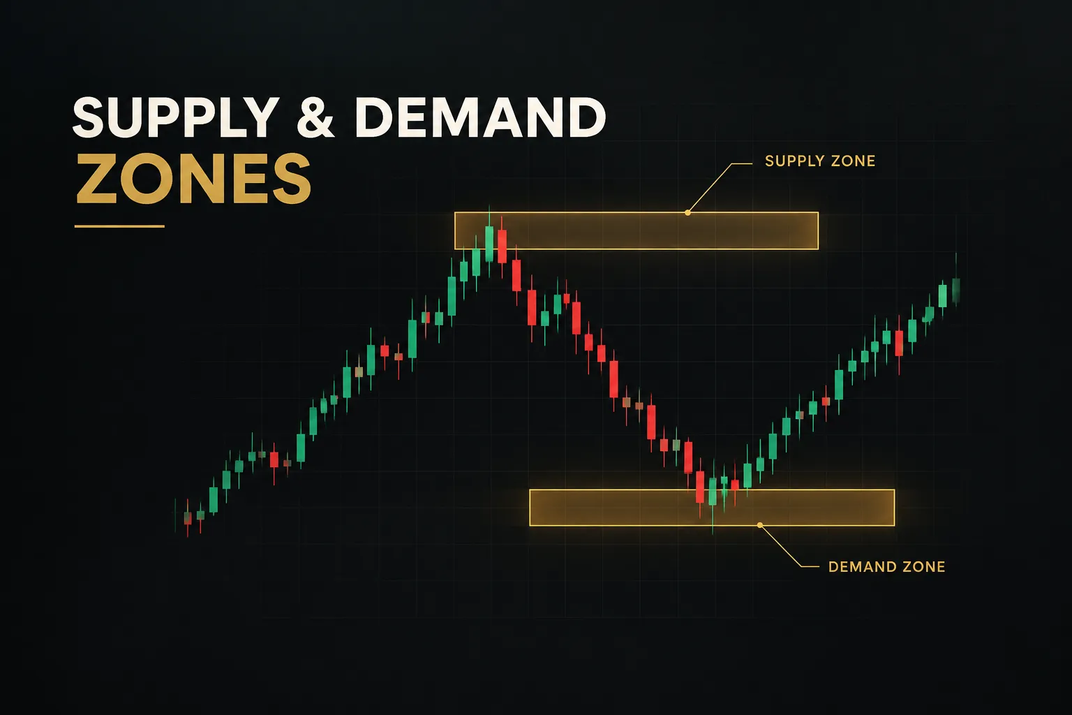Chart highlighting supply and demand zones trading with marked price reversal areas on a candlestick graph