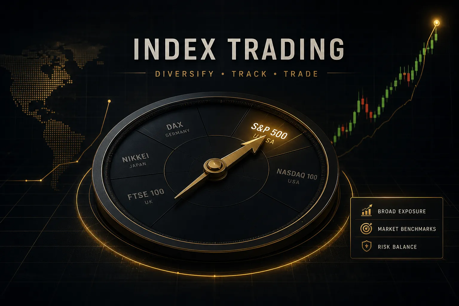 Trader analyzing index trading charts and market trends on a computer screen