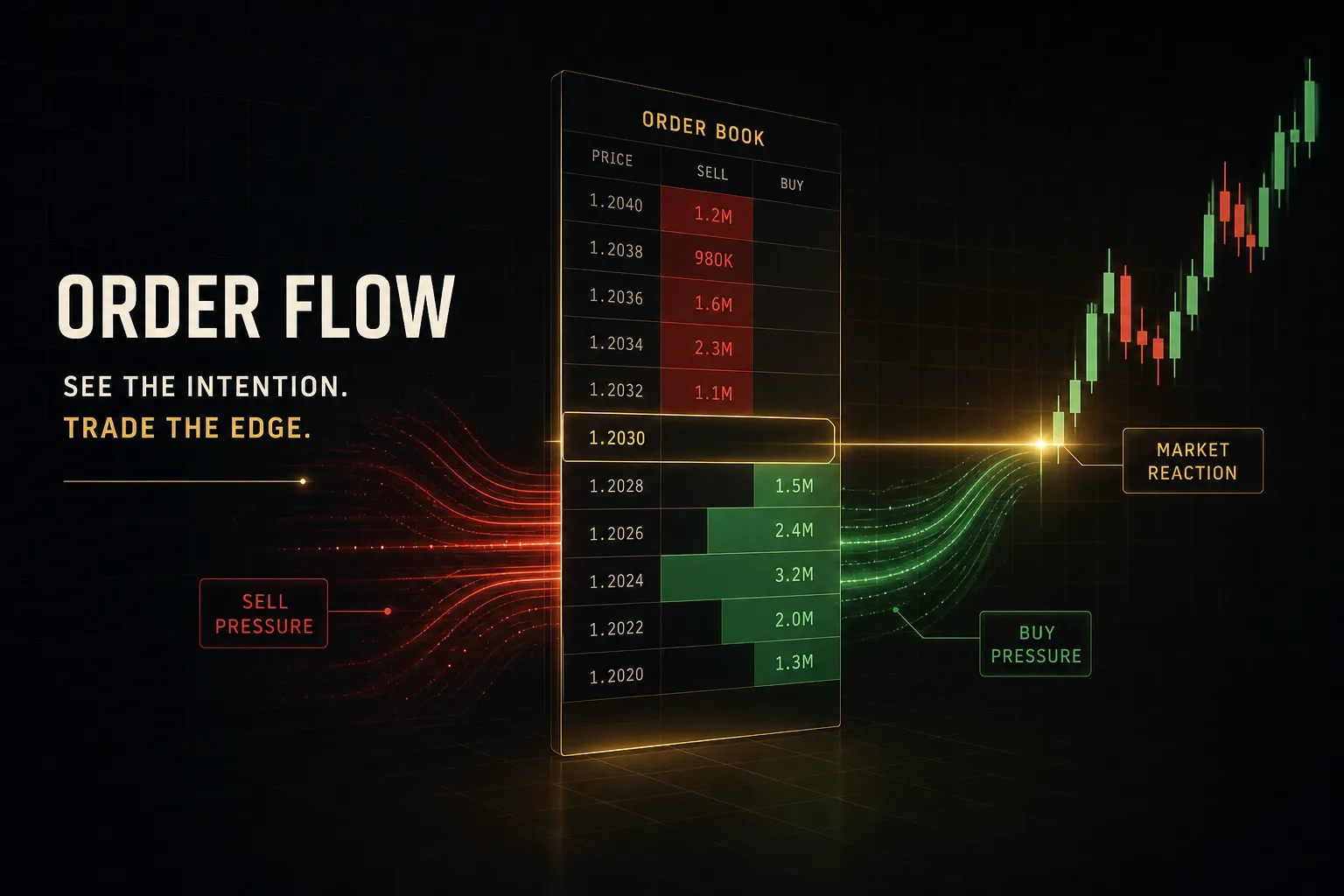 Trader analyzing order flow trading data with bid-ask volume and footprint charts on a screen