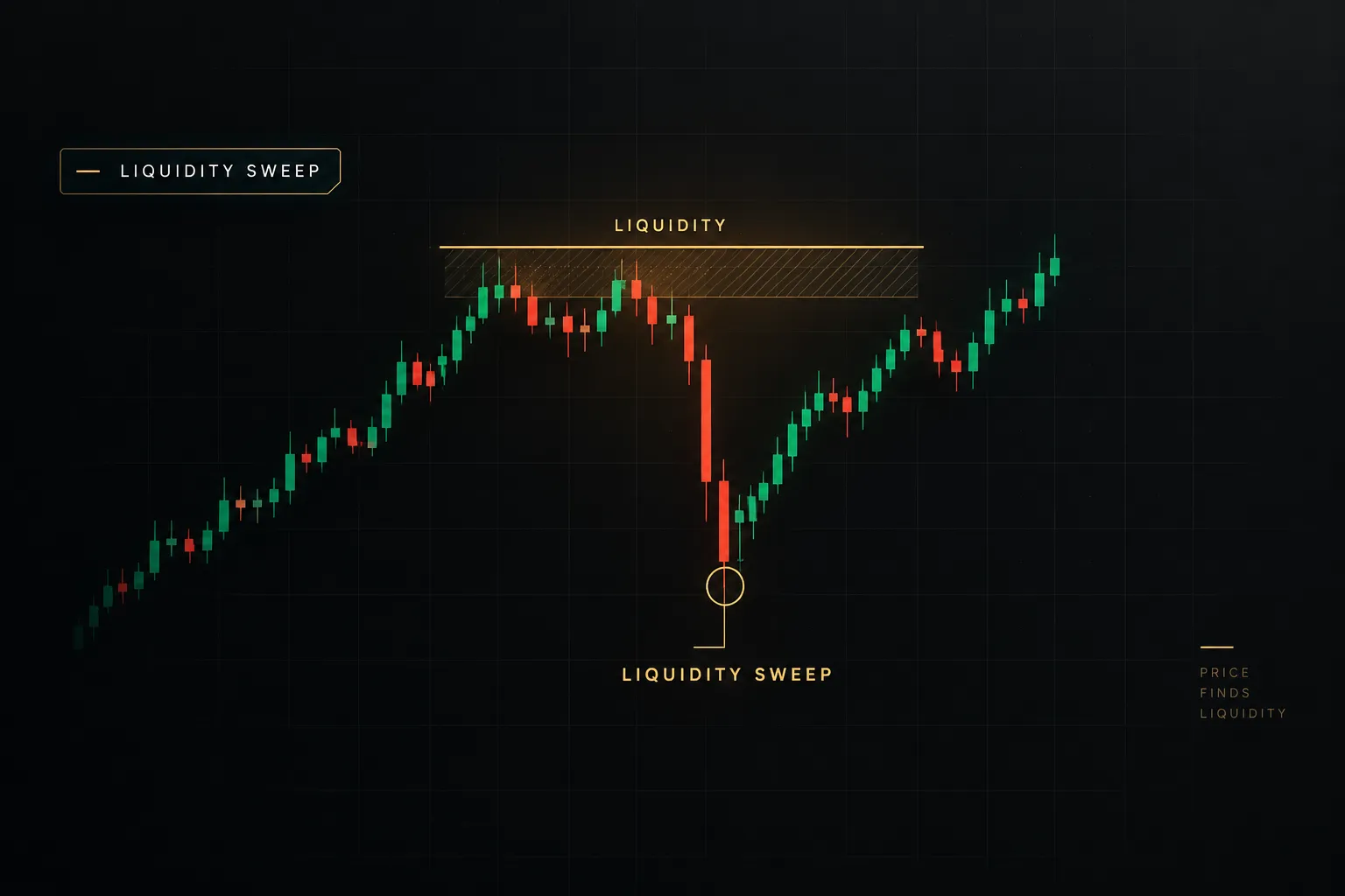 Candlestick chart showing a liquidity sweep trading setup with price wicking past support before reversing higher